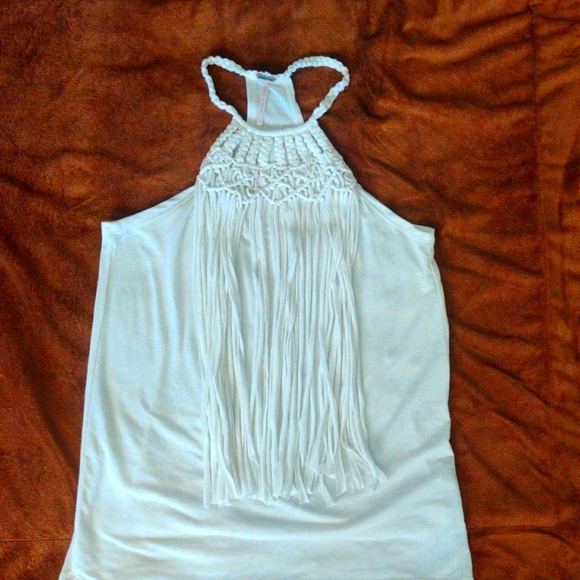 White Tank Top Fringe Racer back Festival Summer Top Short Sleeve Halter Top - Picture 5 of 8
